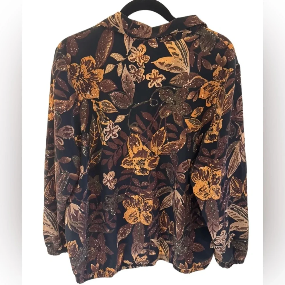 Blair Women L Brown Burnt Orange Floral Lightweight Zip Front Jacket Boho Casual